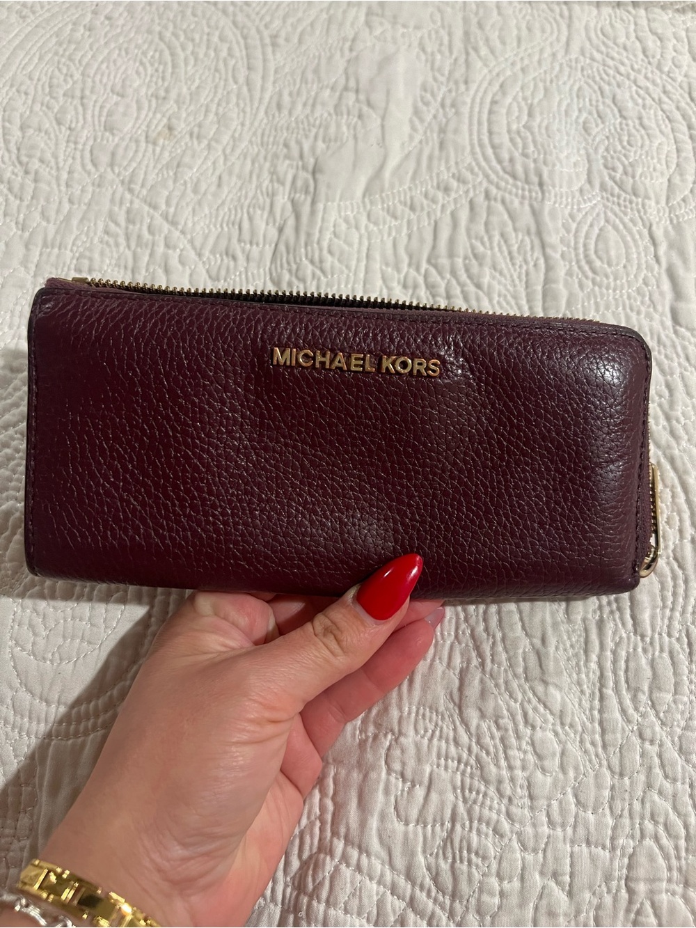 Michael Kors Burgundy Leather Zip-Around Wallet with Gold Logo